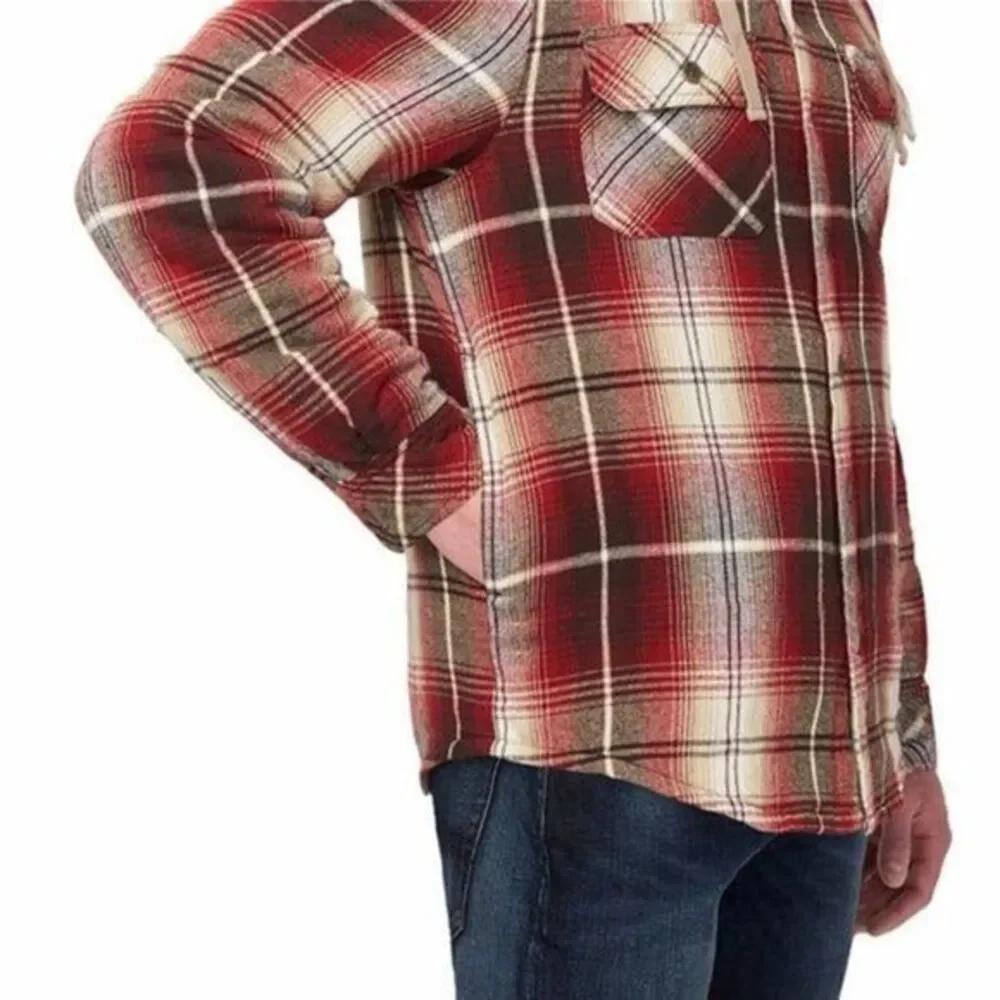 Mens Medium Plaid Flannel Lined Hoodie Shirt‎ Jacket Red Tan Black Warm Casual
